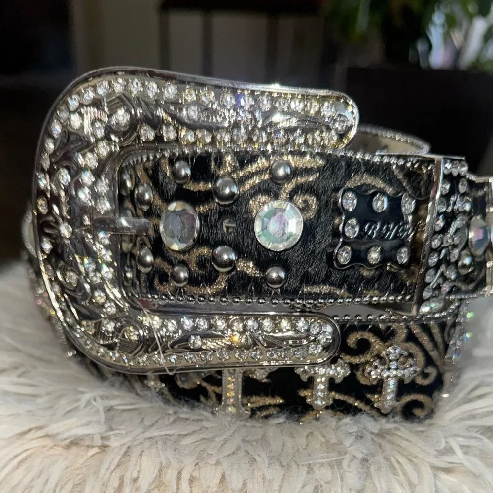 BHW Genuine Leather Cross Rhinestone Western Cowgirl Bling Belt Size large nwot